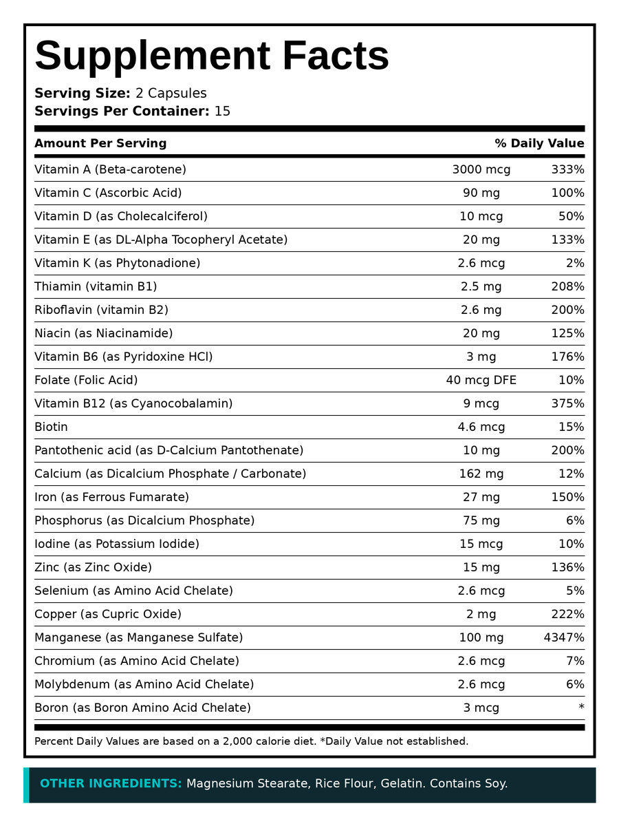 Supplement Facts panel for Daily MultiVitamin